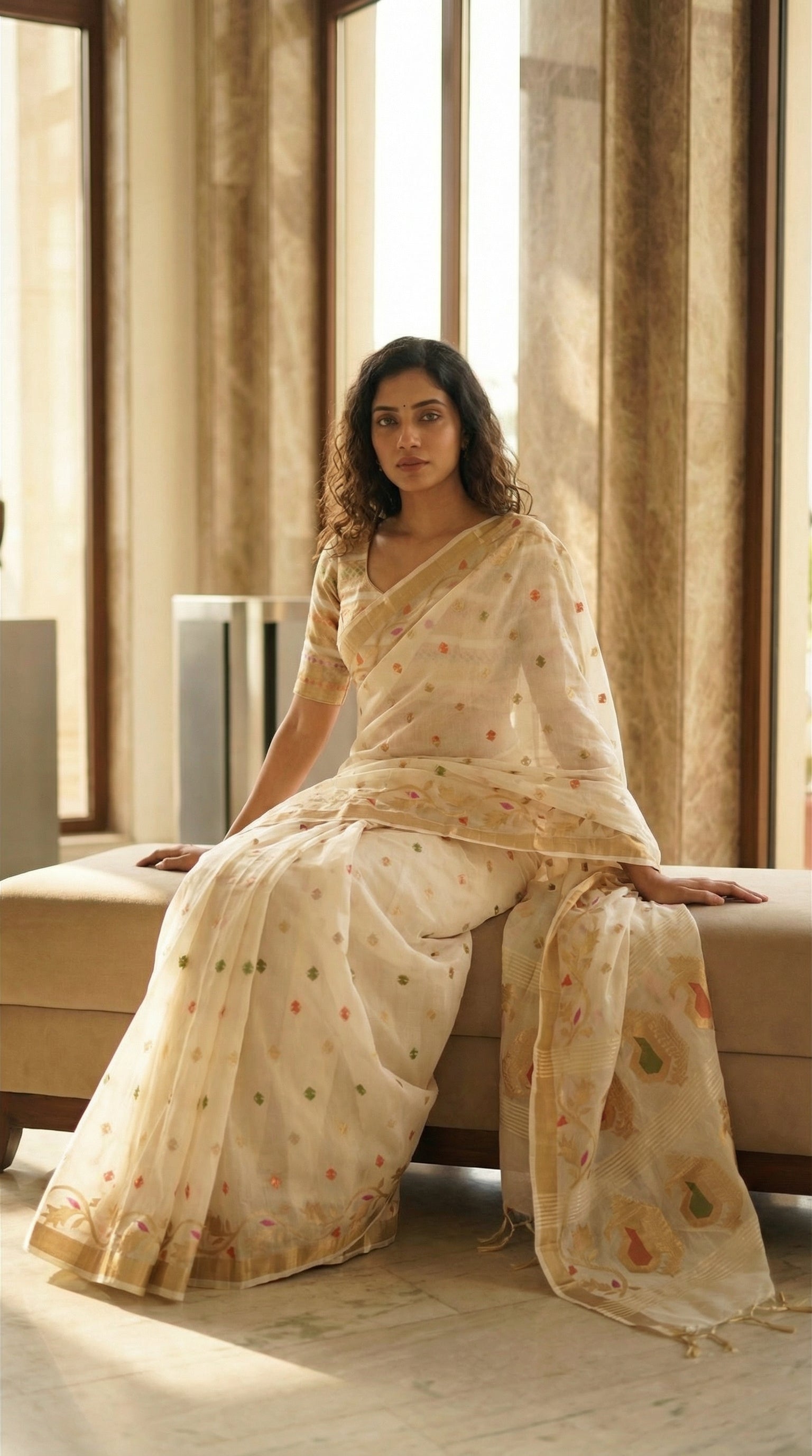 Woman in a cream muslin blended silk saree with golden border and pastel Jamdani motifs, sitting on a couch in a well-lit room.