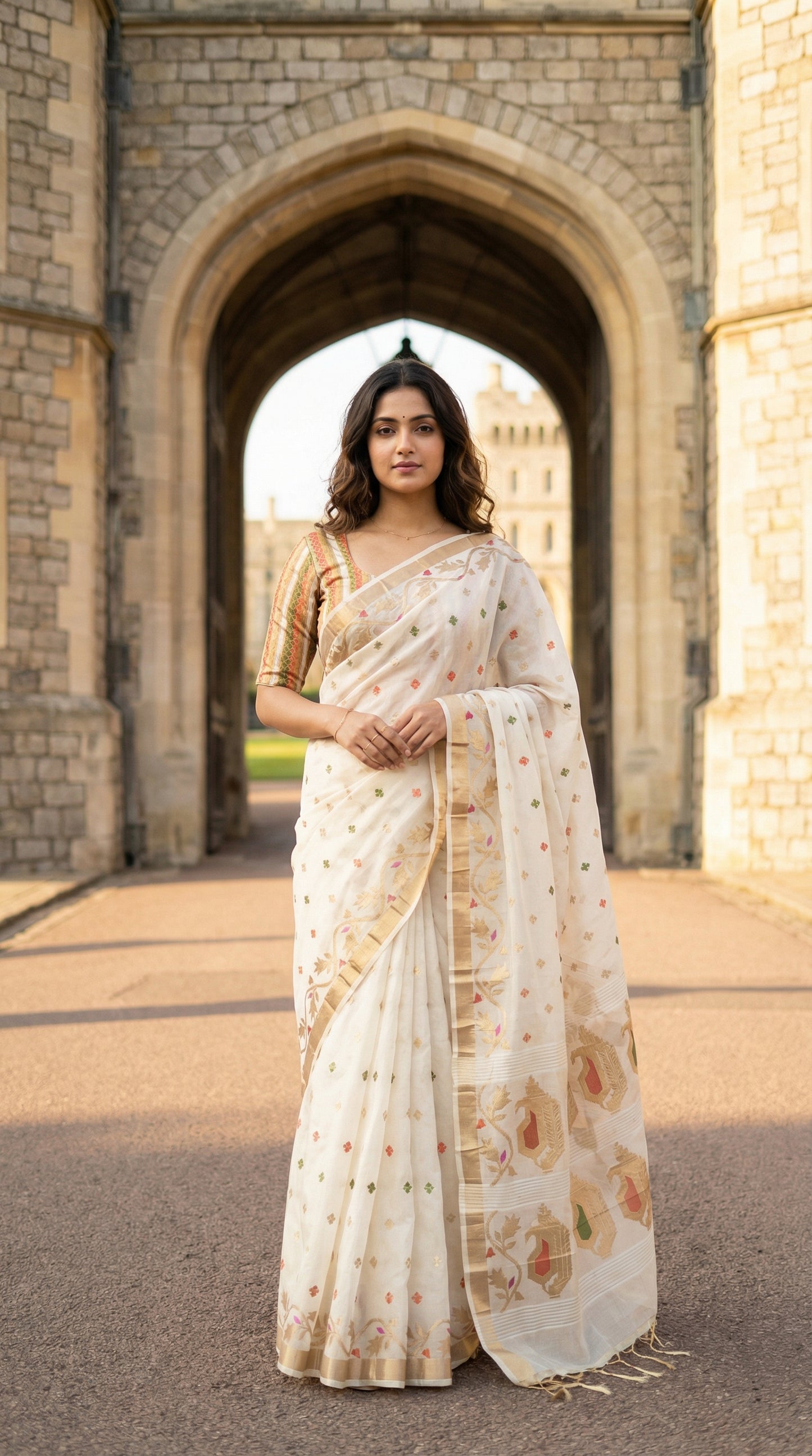 Woman in a cream muslin blended silk saree with golden border and pastel Jamdani motifs, standing in front of a stone archway.