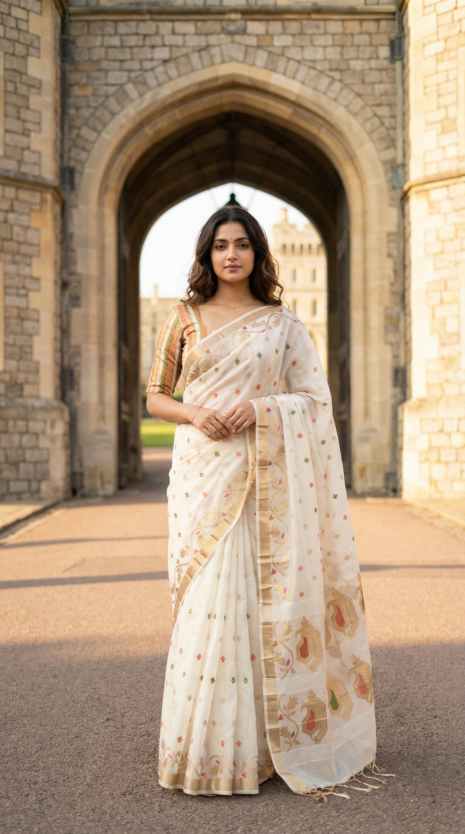Woman in a cream muslin blended silk saree with golden border and pastel Jamdani motifs, standing in front of a stone archway.