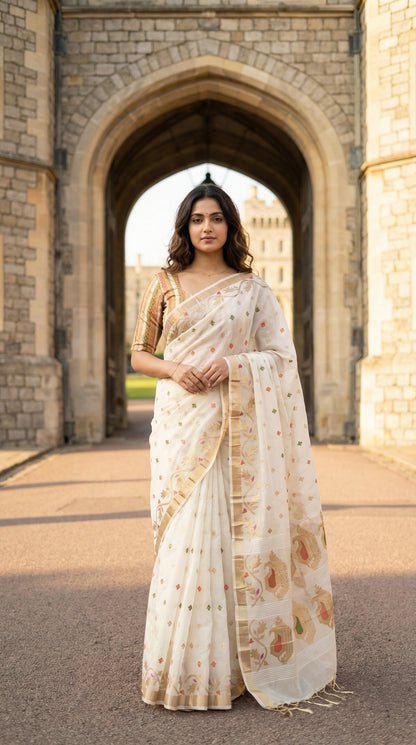 Woman in a cream muslin blended silk saree with golden border and pastel Jamdani motifs, standing in front of a stone archway.