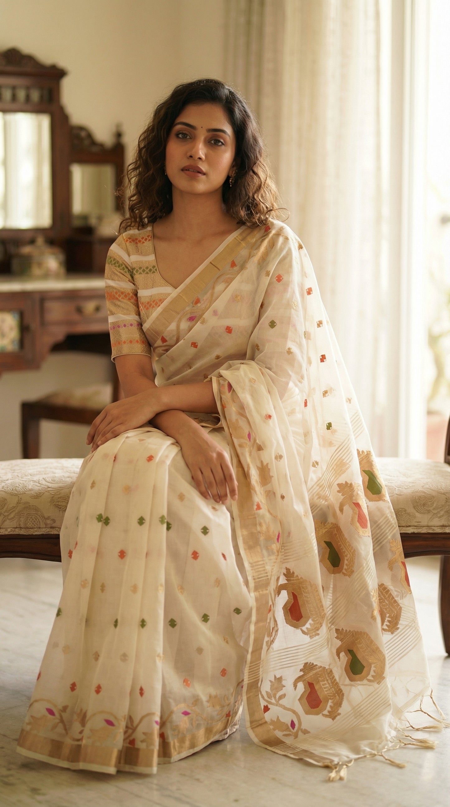 Woman wearing a cream muslin blended silk saree with golden border and pastel Jamdani motifs, in a room with a mirror and curtains.