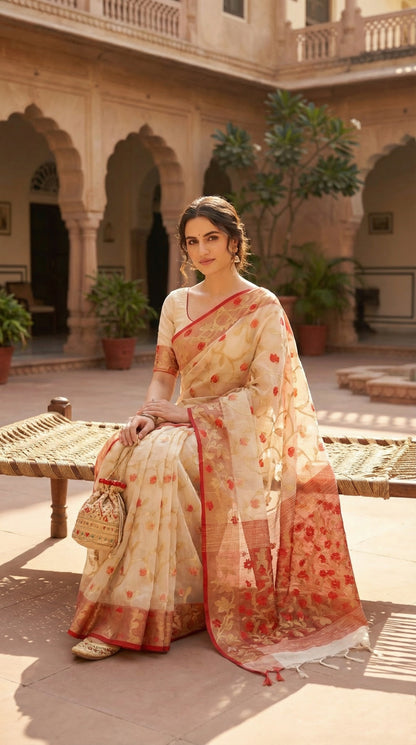 Woman in a cream muslin organza saree with red border and Jamdani floral embroidery, styled on mannequin with a flower vase and black background sitting in an outdoor courtyard with arches and plants.