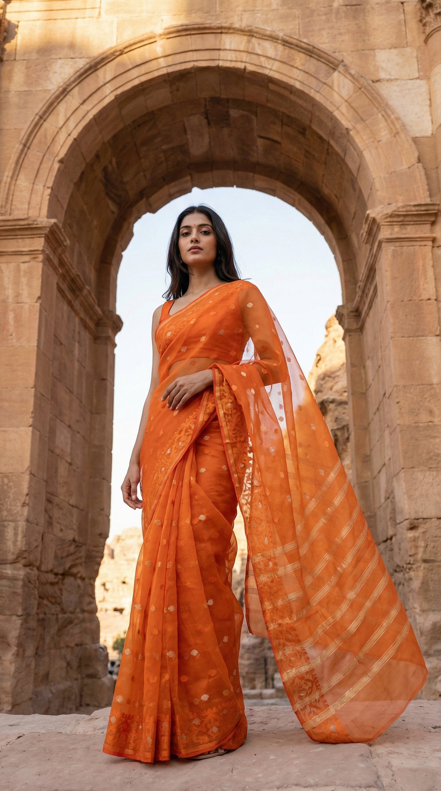 Woman in an orange organza muslin saree with Jamdani weave and gold-silver Zari booti, standing in front of a stone archway.