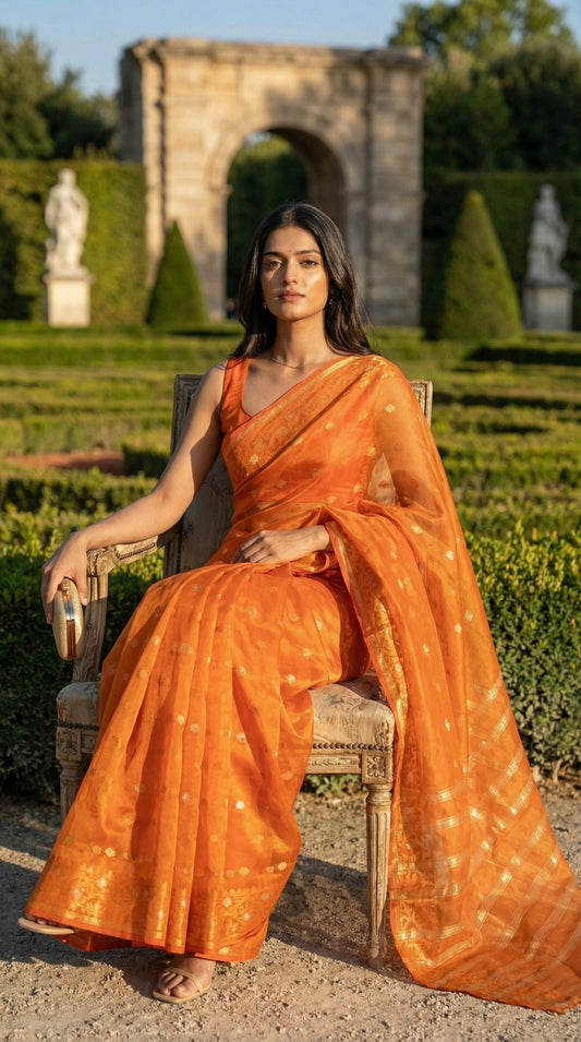 Woman in an orange organza muslin saree with Jamdani weave and gold-silver Zari booti, sitting outdoors with a garden background.