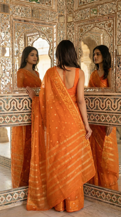 Woman in an orange organza muslin saree with Jamdani weave and gold-silver Zari booti, standing in front of a decorative mirror.