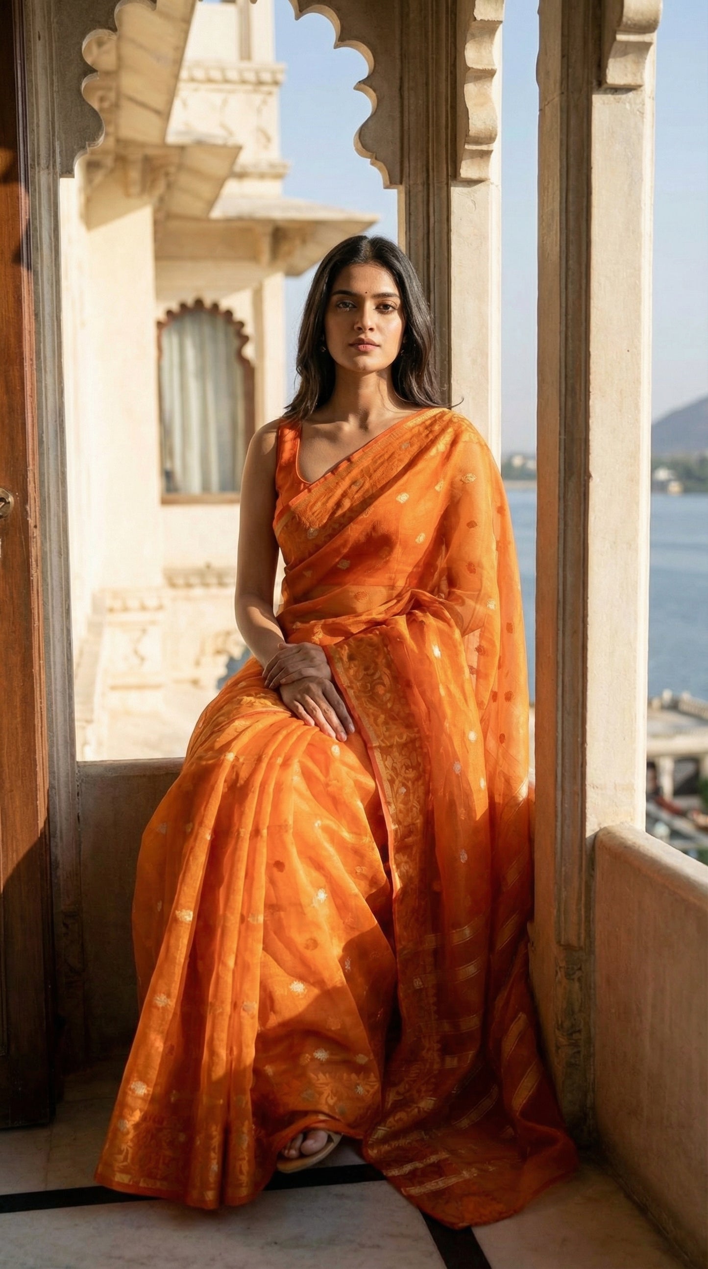 Woman in an orange organza muslin saree with Jamdani weave and gold-silver Zari booti, standing in a doorway with a scenic view outside.