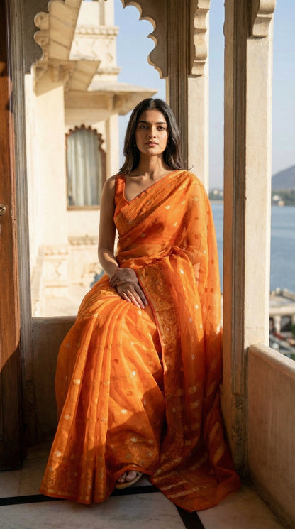 Woman in an orange organza muslin saree with Jamdani weave and gold-silver Zari booti, standing in a doorway with a scenic view outside.