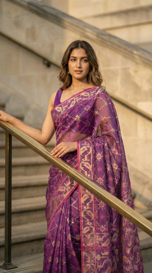 Woman in a purple muslin silk saree with Jamdani weave and golden motifs, standing on stone steps.