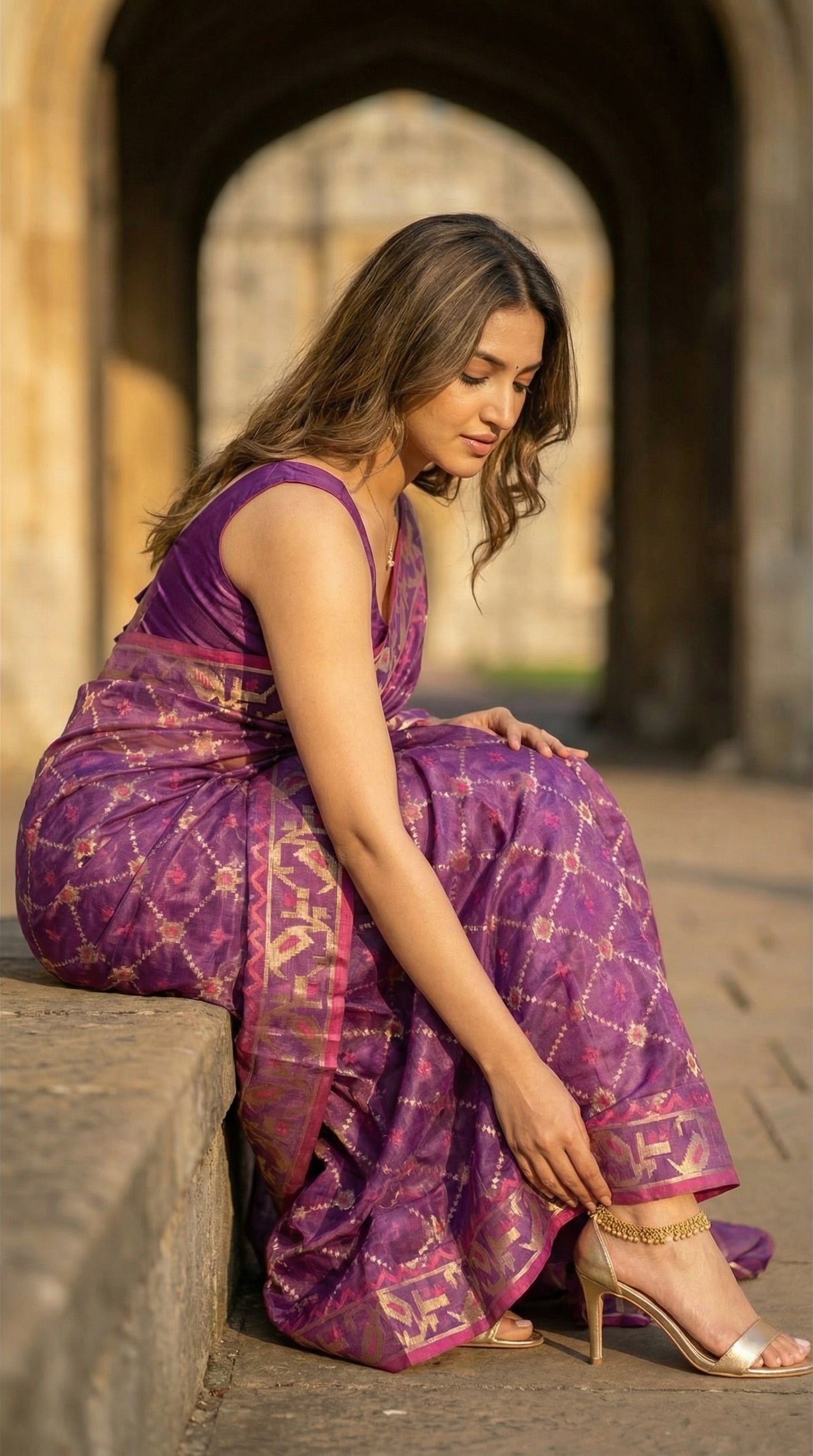 Woman in a purple muslin silk saree with Jamdani weave and golden motifs, sitting on a stone bench with a blurred architectural background.