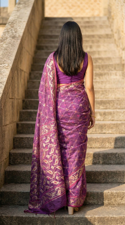 Woman in a purple muslin silk saree with Jamdani weave and golden motifs, standing on stone steps outdoors.