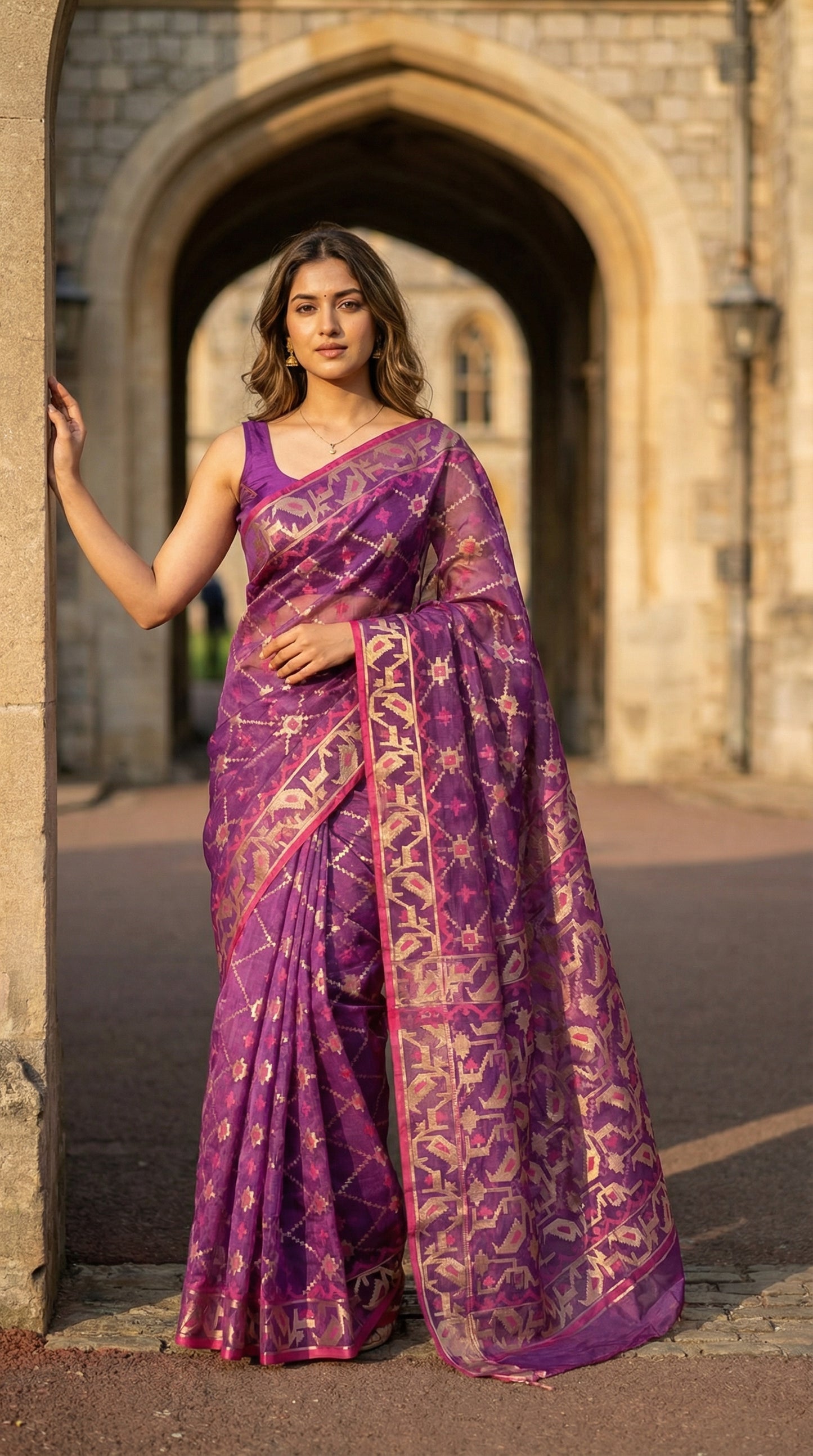 Woman in a purple muslin silk saree with Jamdani weave and golden motifs, standing in front of an archway.