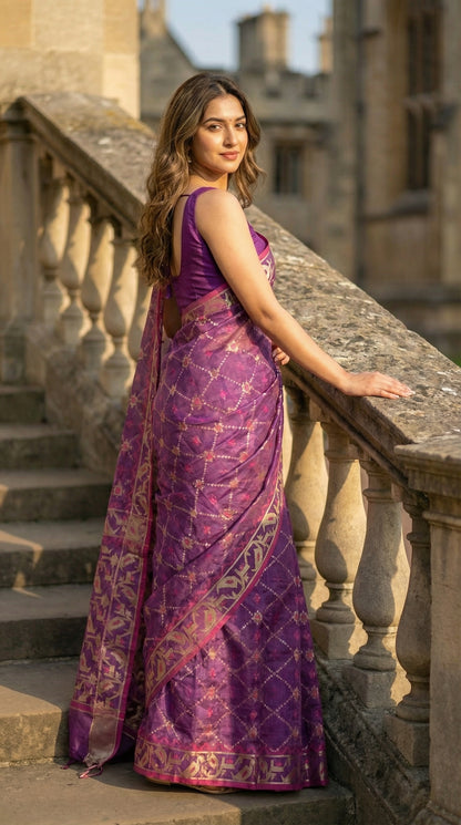 Woman in a purple muslin silk saree with Jamdani weave and golden motifs, standing on stone steps with architectural background.