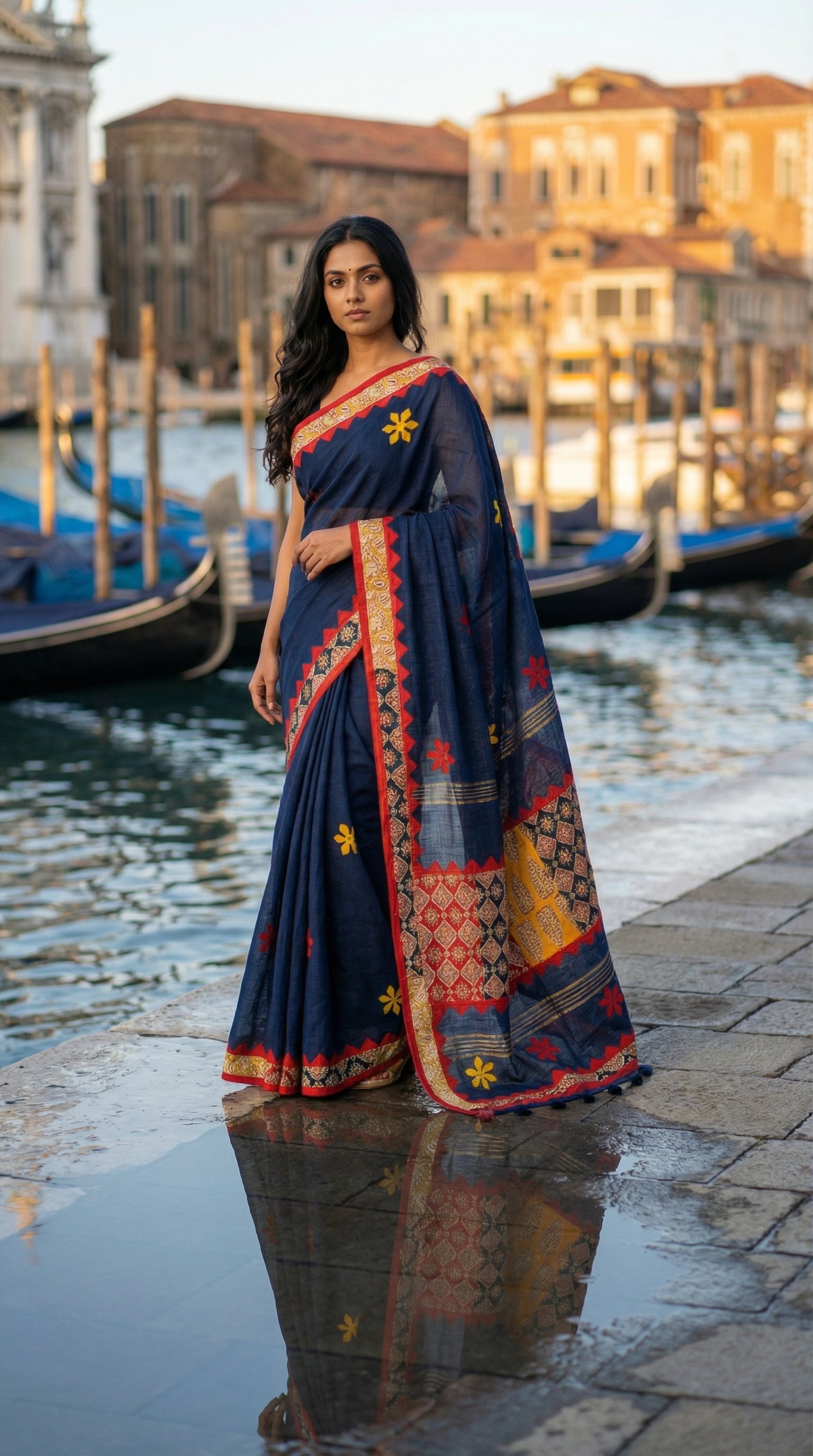 Woman in a navy blue linen cotton saree with traditional applique border, standing by a canal with gondolas and buildings in the background.