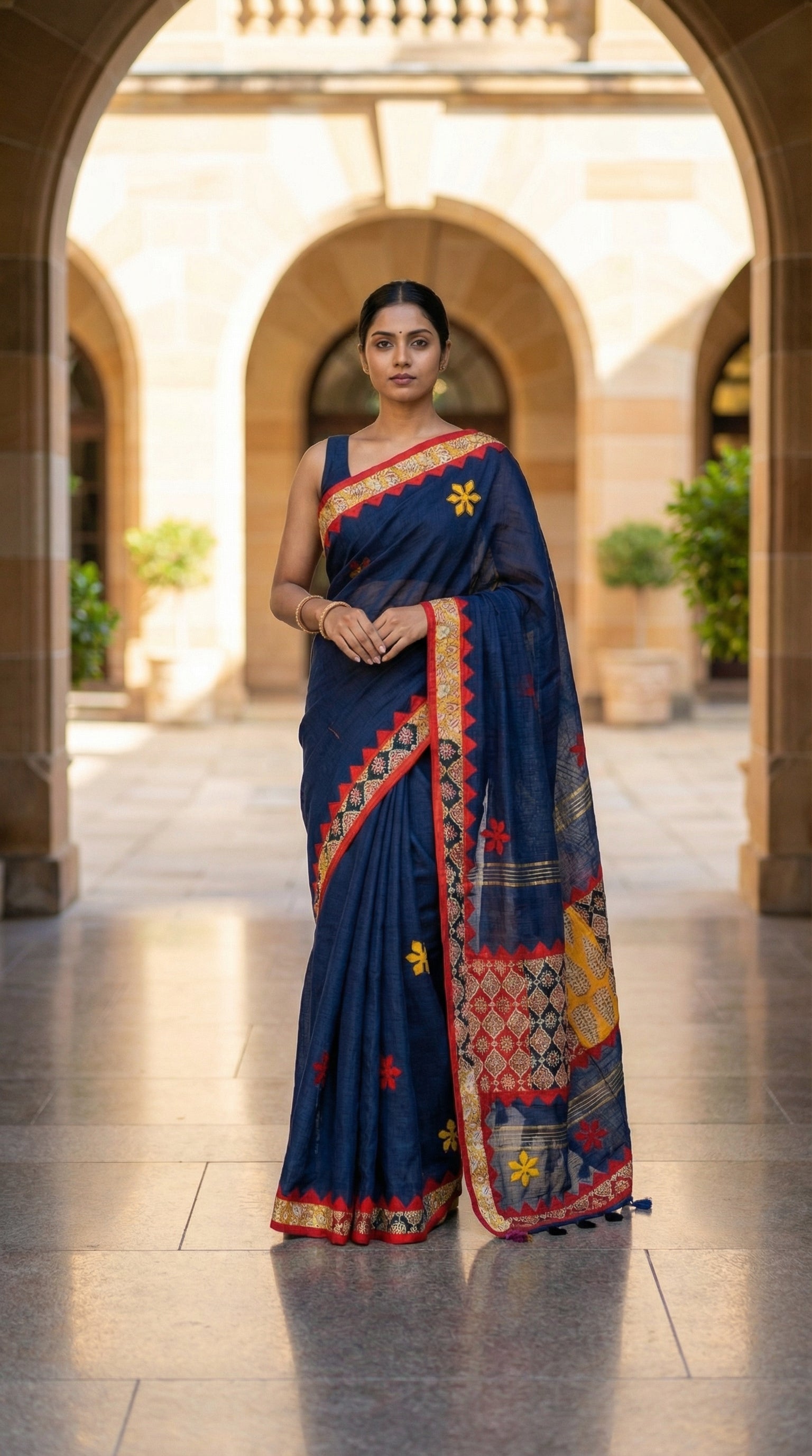 Woman in a navy blue linen cotton saree with traditional applique border, standing in an archway.