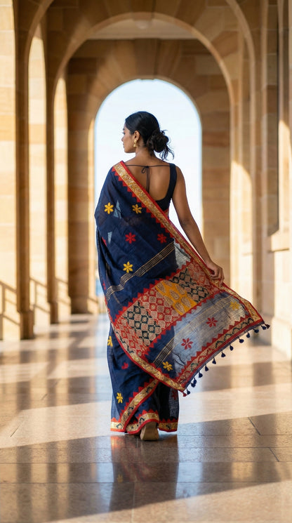 Woman in a navy blue linen cotton saree with traditional applique border, walking through a sunlit architectural hallway.