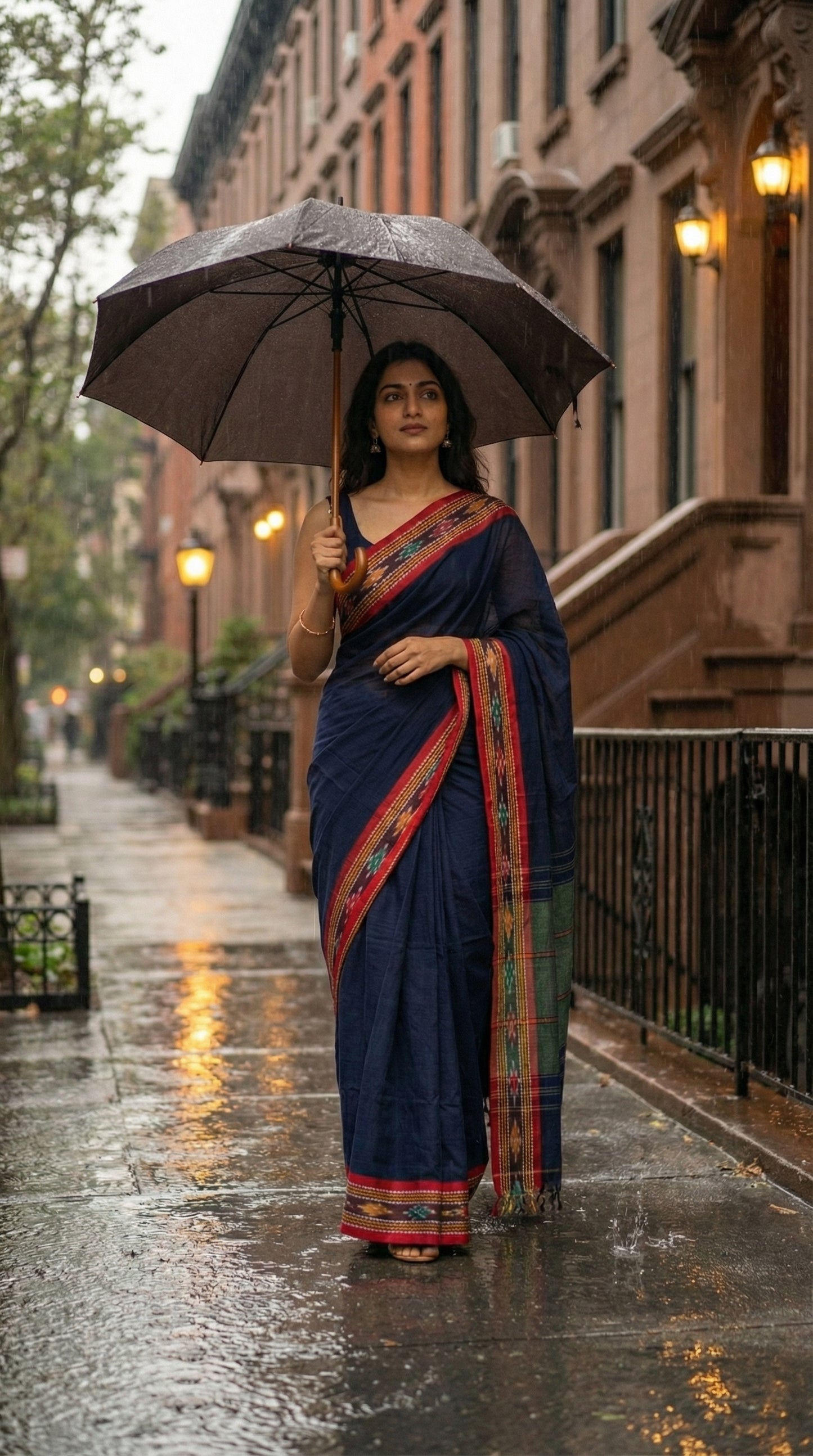 Woman in a navy-blue-mul-cotton-ikat-saree, holding an umbrella on a rainy street.