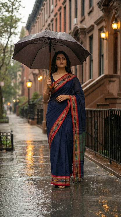 Woman in a navy-blue-mul-cotton-ikat-saree, holding an umbrella on a rainy street.