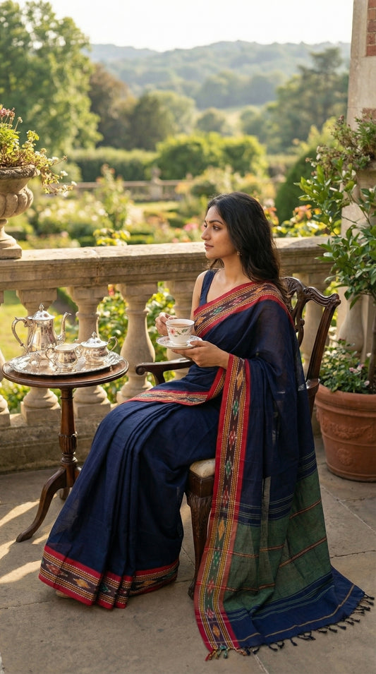 Woman in a navy-blue-mul-cotton-ikat-saree, sitting on a balcony with a scenic view