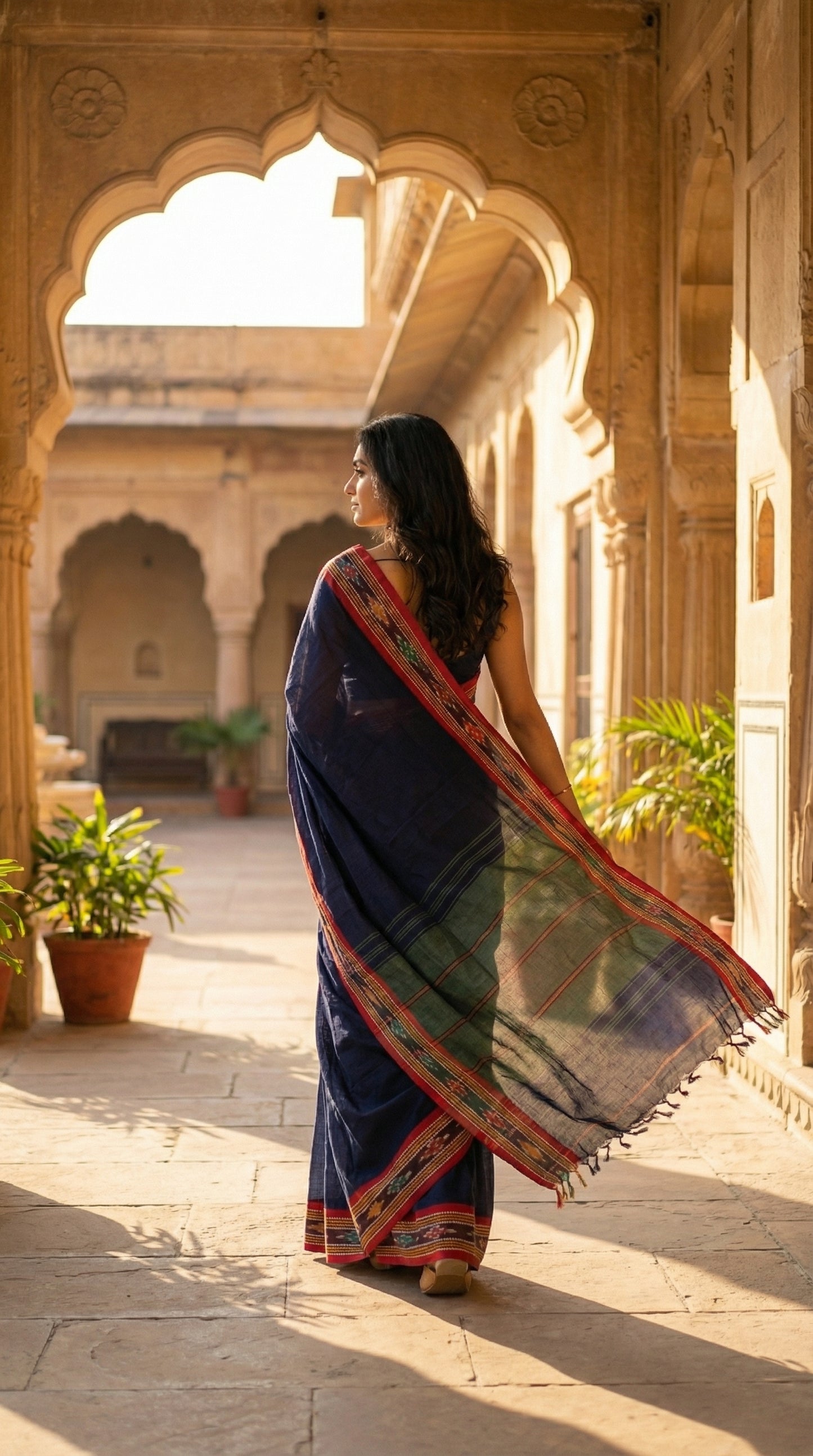 Woman in a navy-blue-mul-cotton-ikat-saree, standing in an architectural setting with arches and plants.