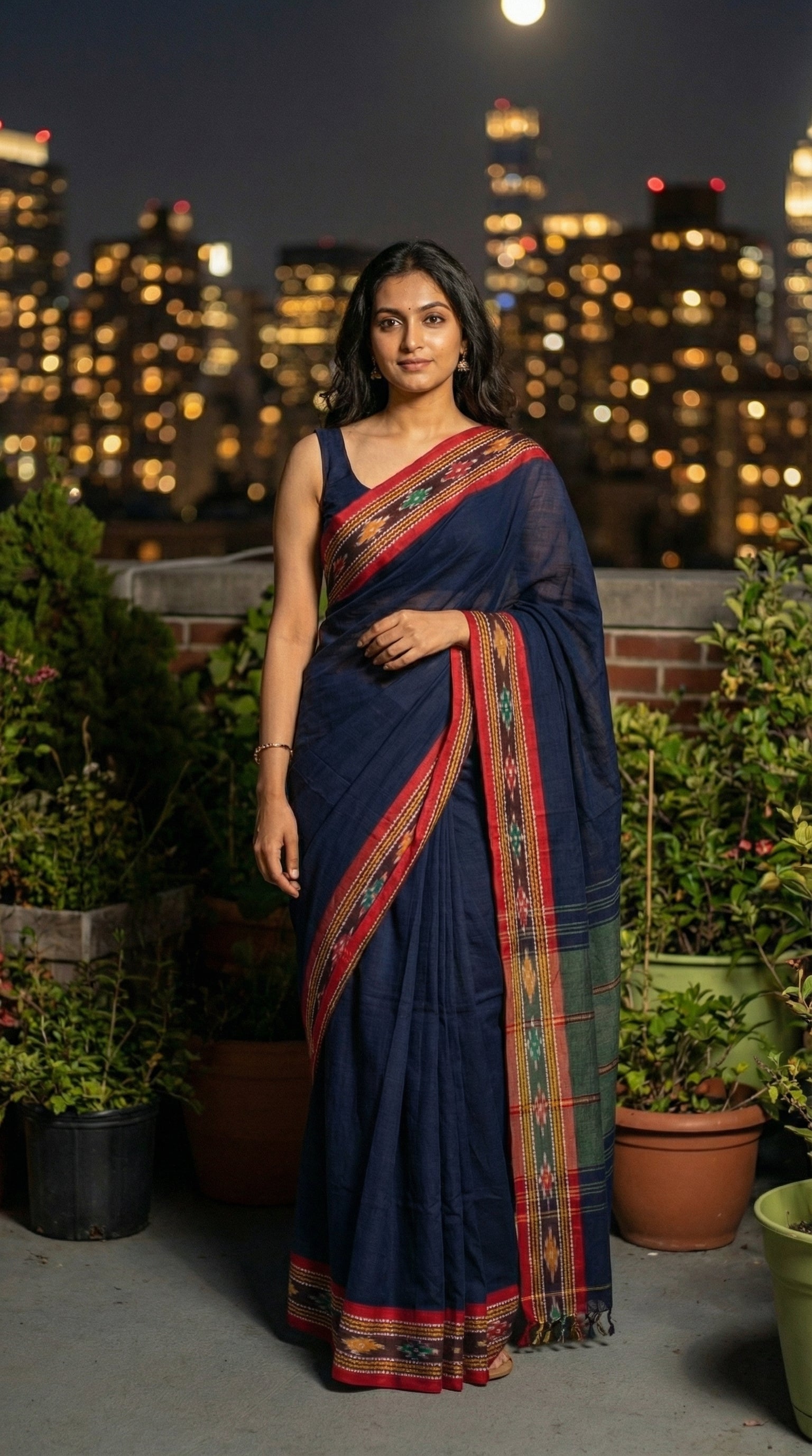 Woman in a navy-blue-mul-cotton-ikat-saree, standing on a rooftop at night with city lights in the background.