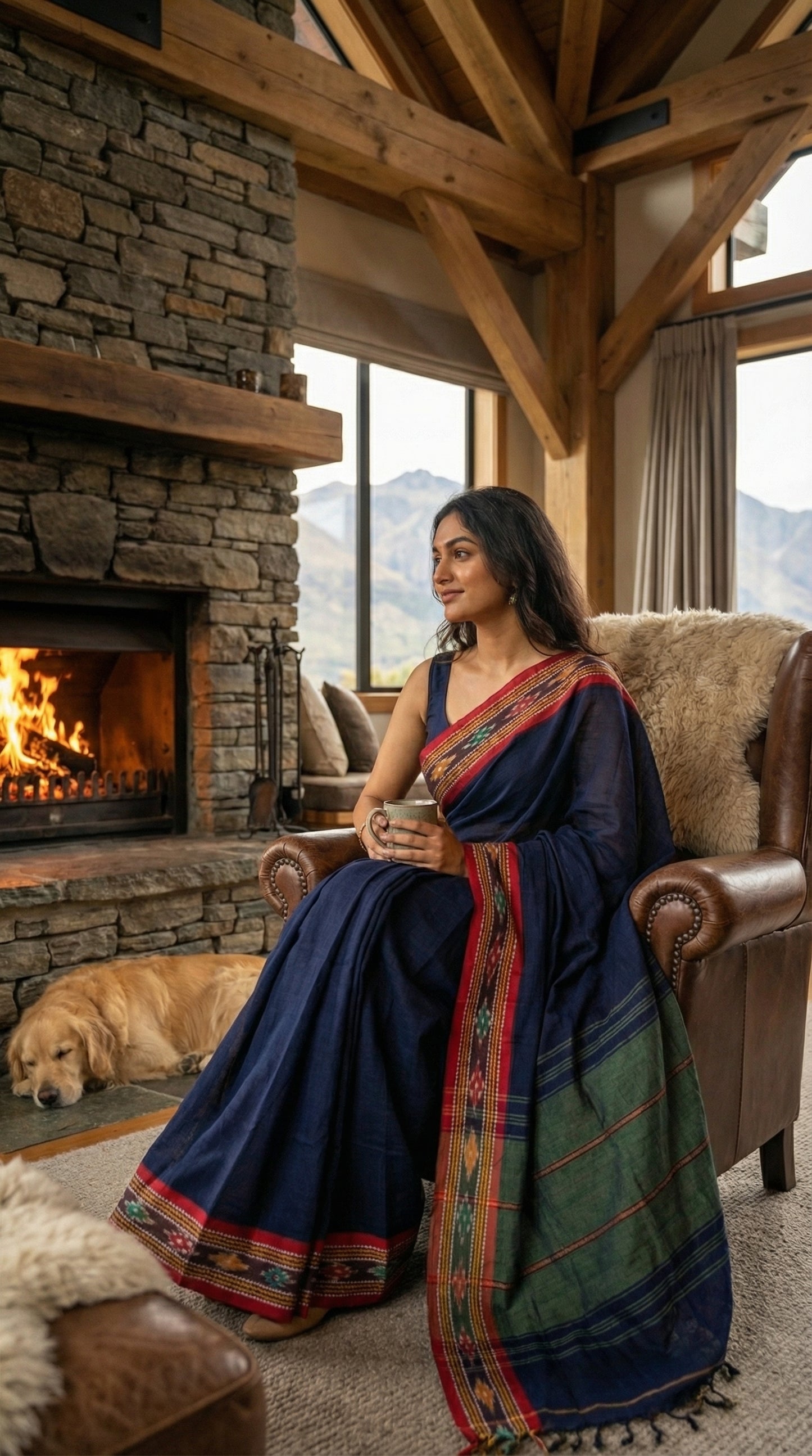 Woman in a navy-blue-mul-cotton-ikat-saree, sitting on a couch by a fireplace with a dog in a cozy living room.