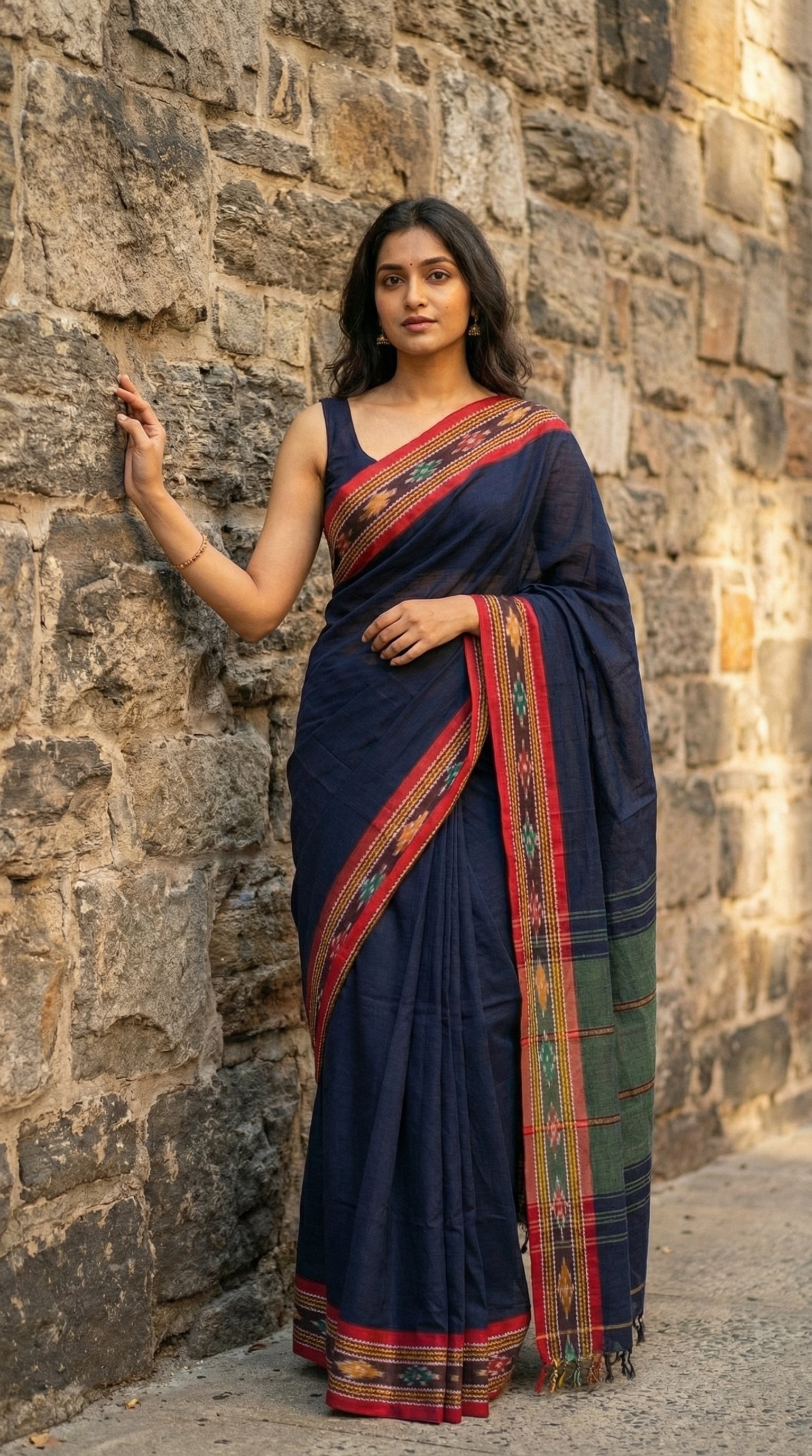 Woman in a navy-blue-mul-cotton-ikat-saree, standing against a stone wall.