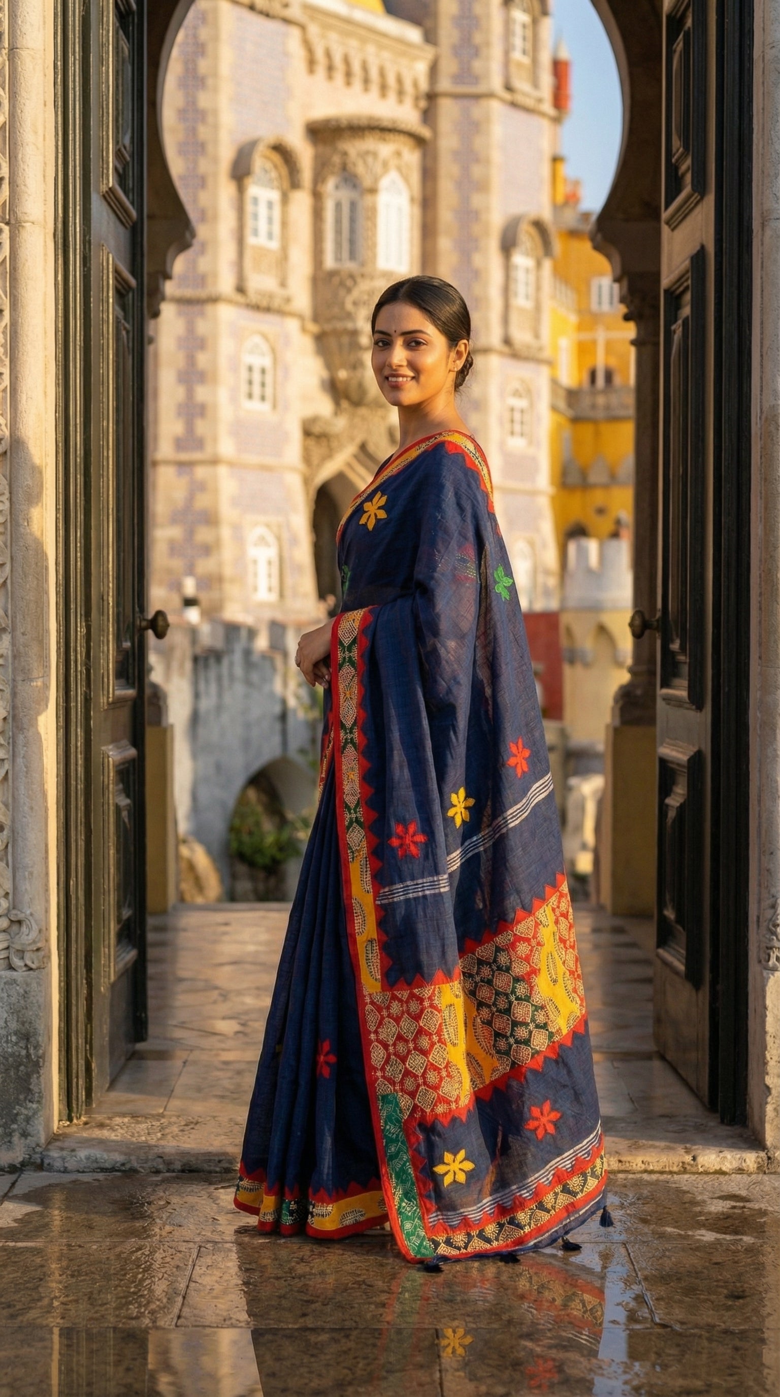 Woman in a navy blue linen cotton saree with traditional handcrafted applique border, standing in front of an architectural building.