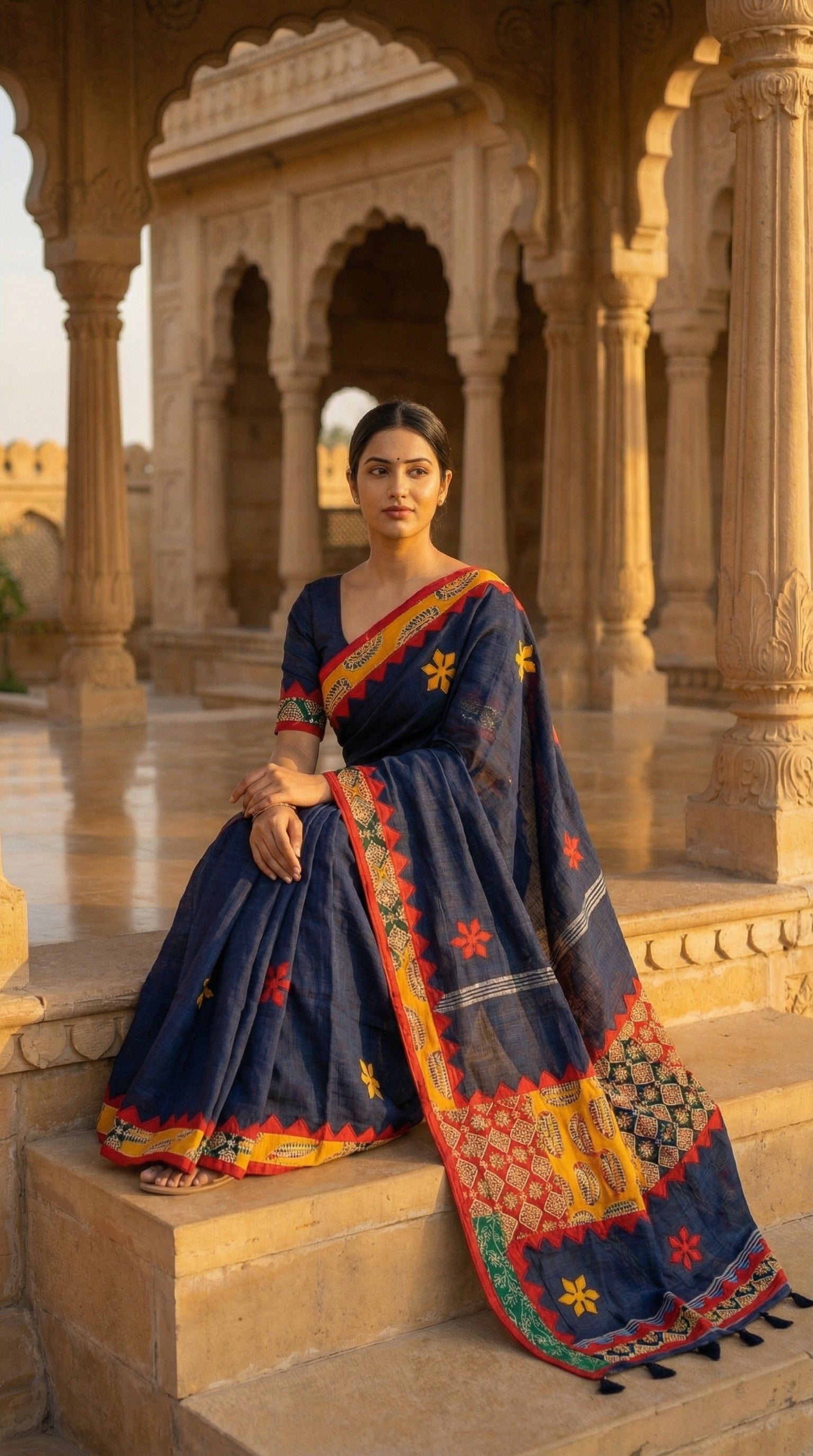 Woman in a navy blue linen cotton saree with traditional handcrafted applique border, standing in an architectural setting.