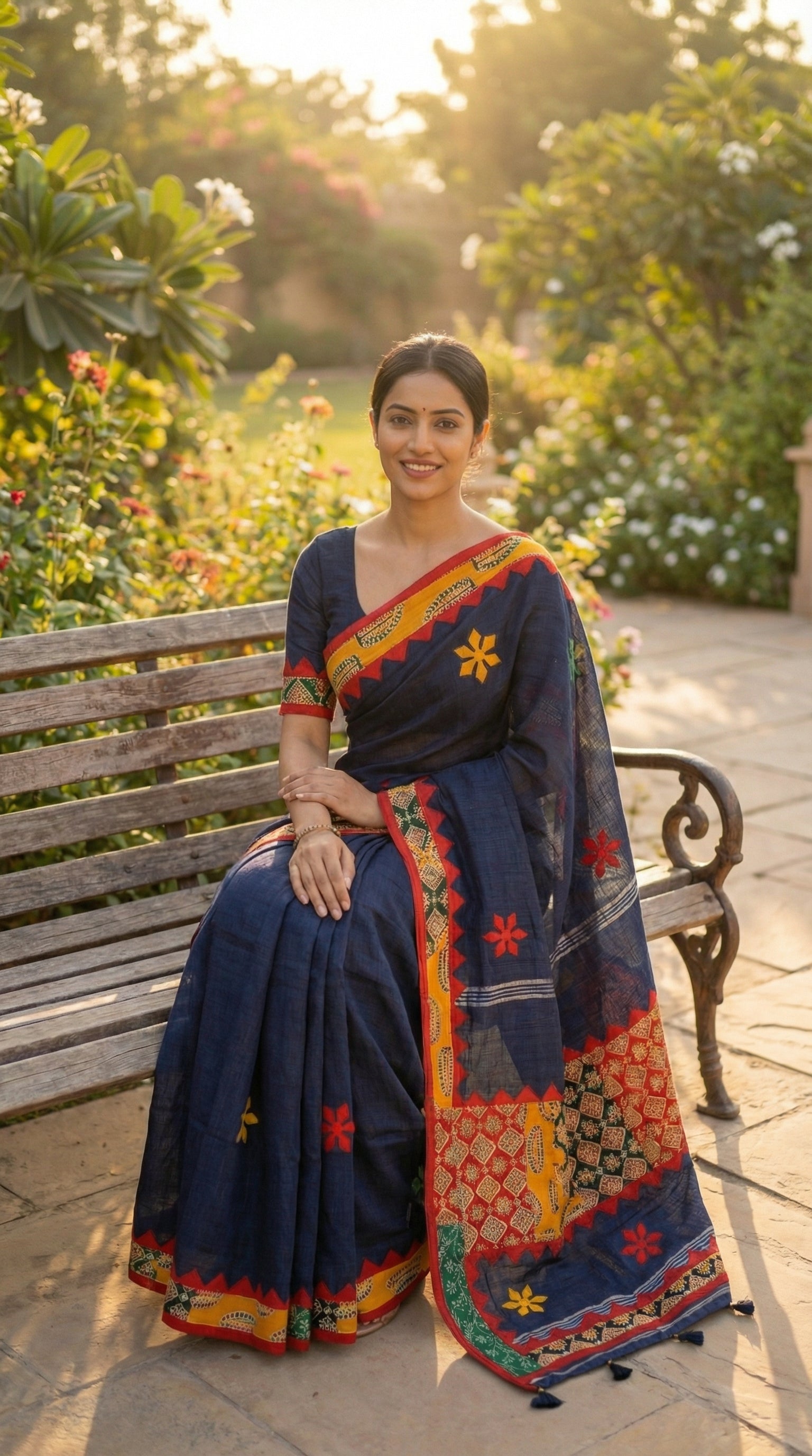 Woman in a navy blue linen cotton saree with traditional handcrafted applique border, sitting on a bench in a garden.