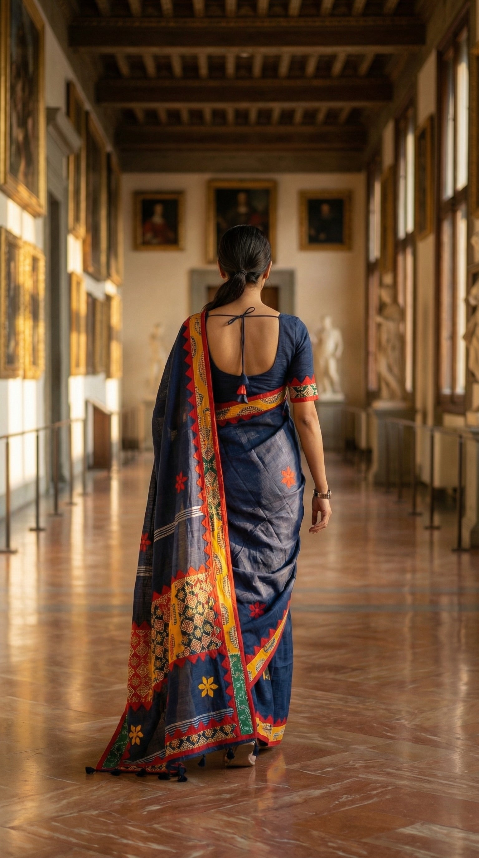 Woman in a navy blue linen cotton saree with traditional handcrafted applique border, walking through an elegant hallway with high ceilings and large windows.