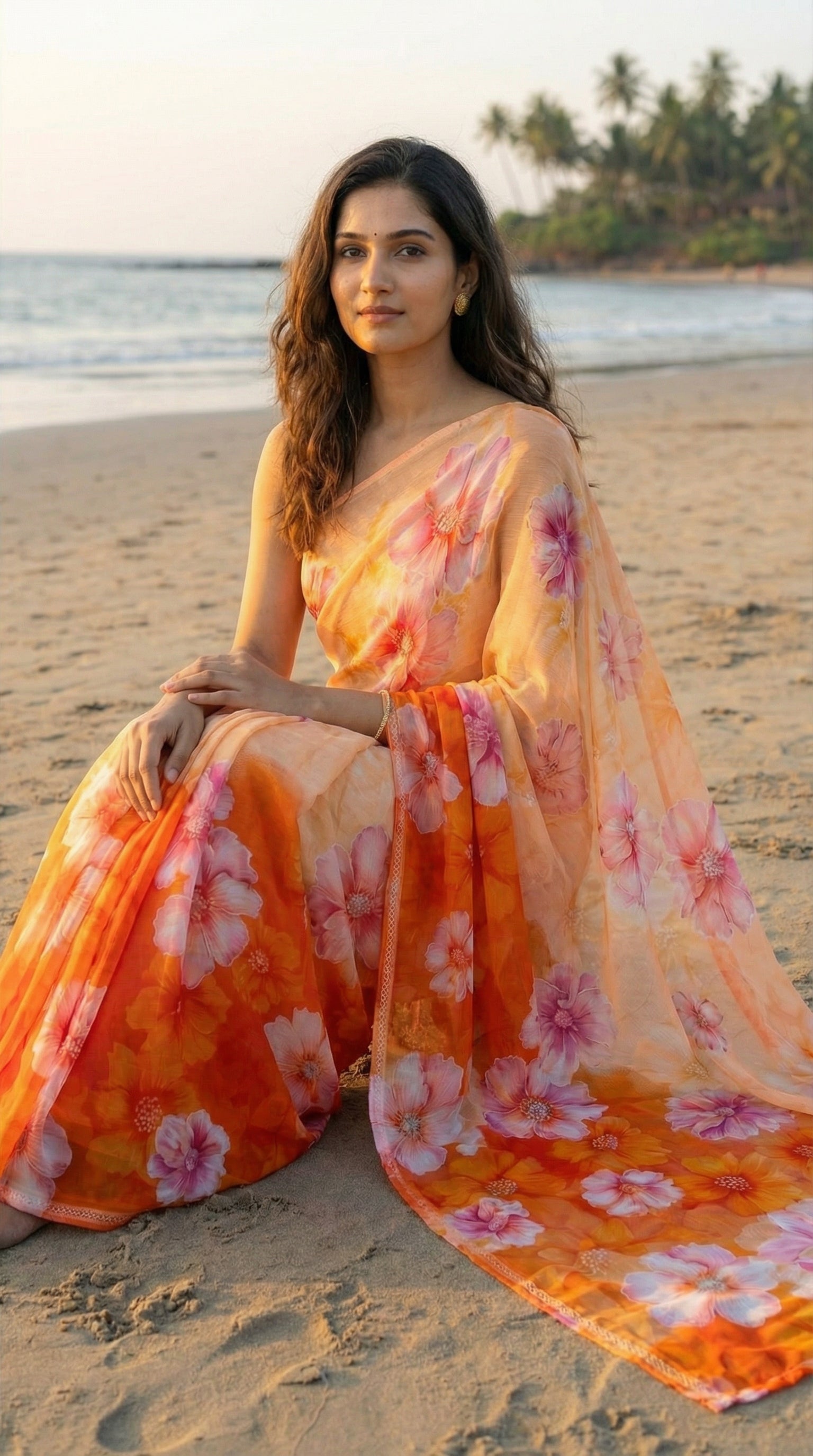 Woman in an Orange chiffon saree with pink floral design, sitting on the beach with palm trees in the background.