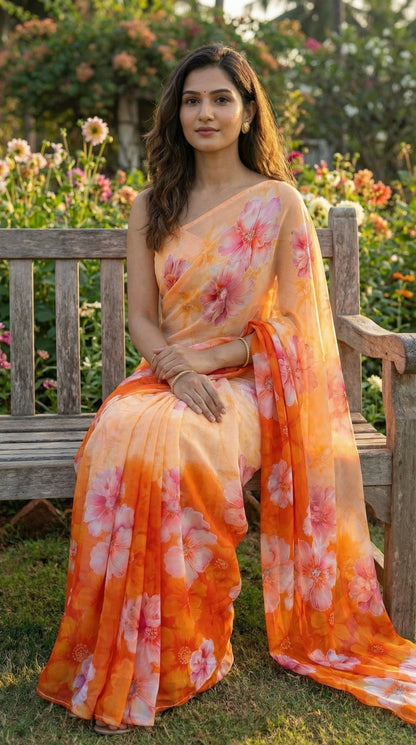 Woman in an Orange chiffon saree with pink floral design, sitting on a bench in a garden.