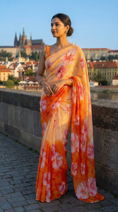 Woman in an Orange chiffon saree with pink floral design, standing in a scenic location with buildings in the background.