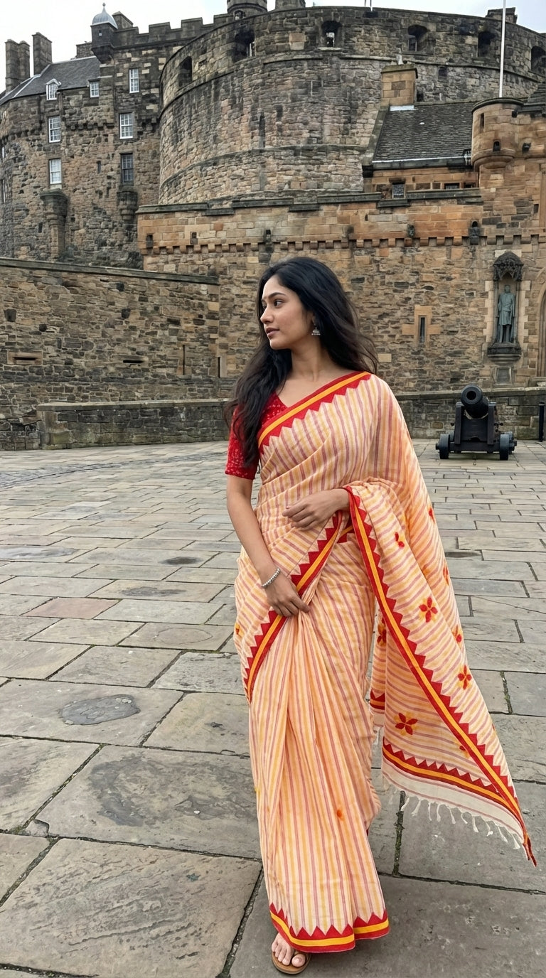 Woman in a peach-cotton-applique-striped-saree, standing in front of a castle.