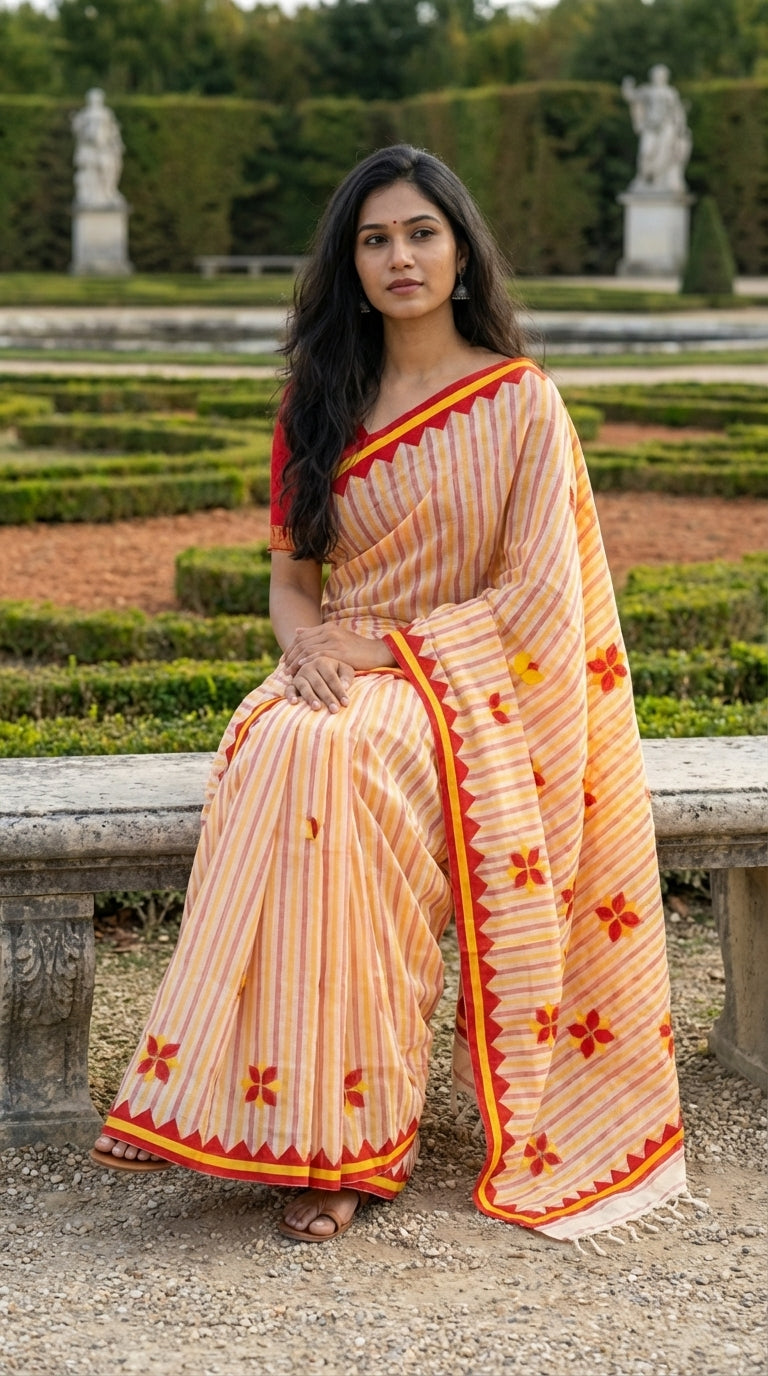 Woman in a peach-cotton-applique-striped-saree, sitting on a stone bench in a garden setting