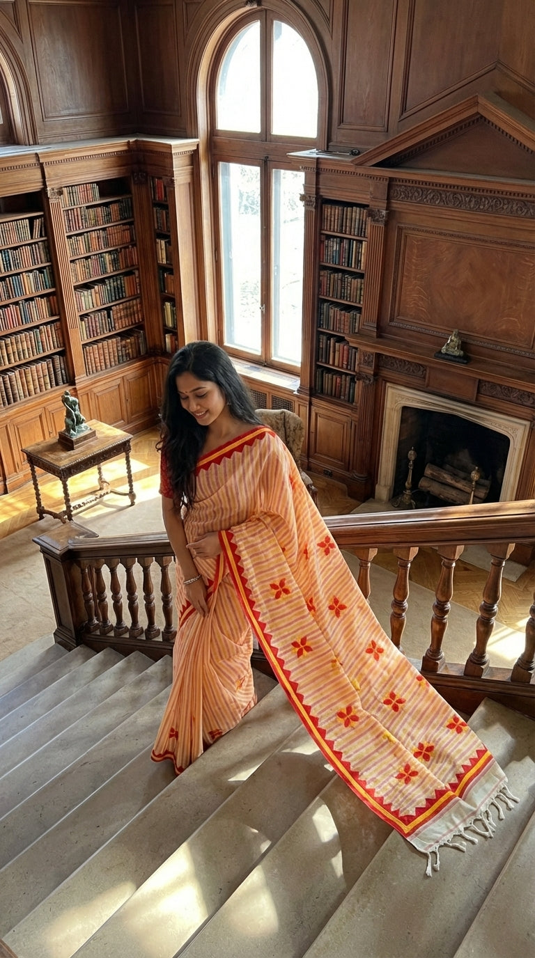 Woman in a peach-cotton-applique-striped-saree, standing on a staircase in a library.
