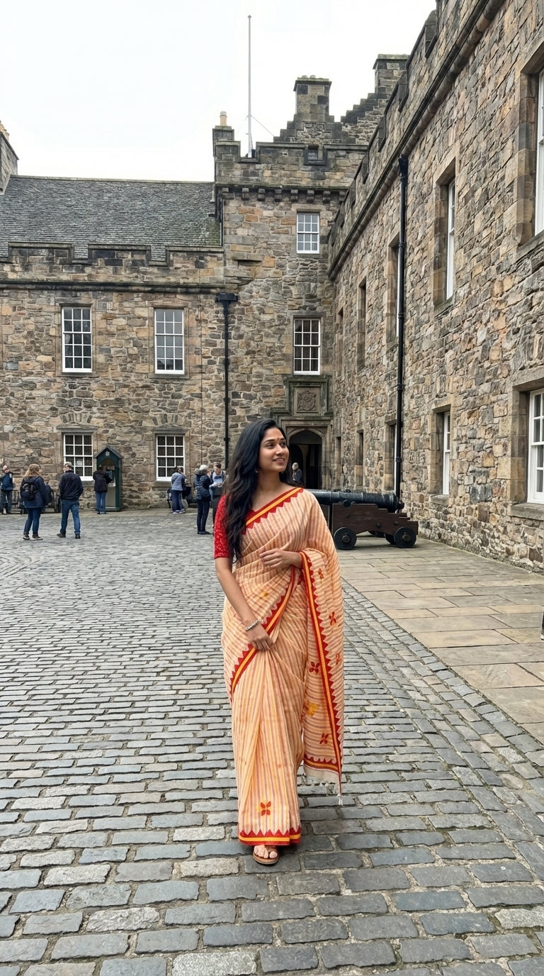 Woman in a peach-cotton-applique-striped-saree, standing in front of a historic building with people in the background.