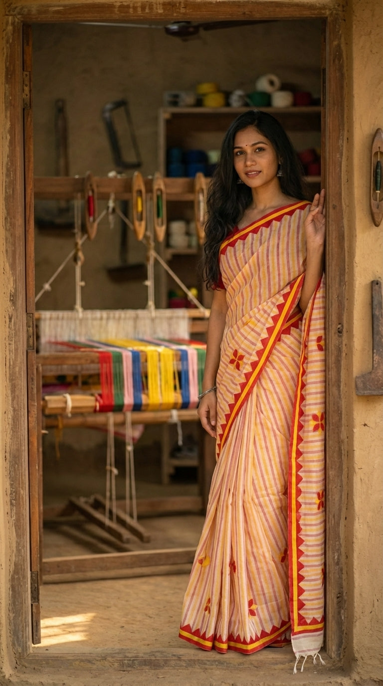Woman in a peach-cotton-applique-striped-saree, standing in a room with weaving tools and fabric.