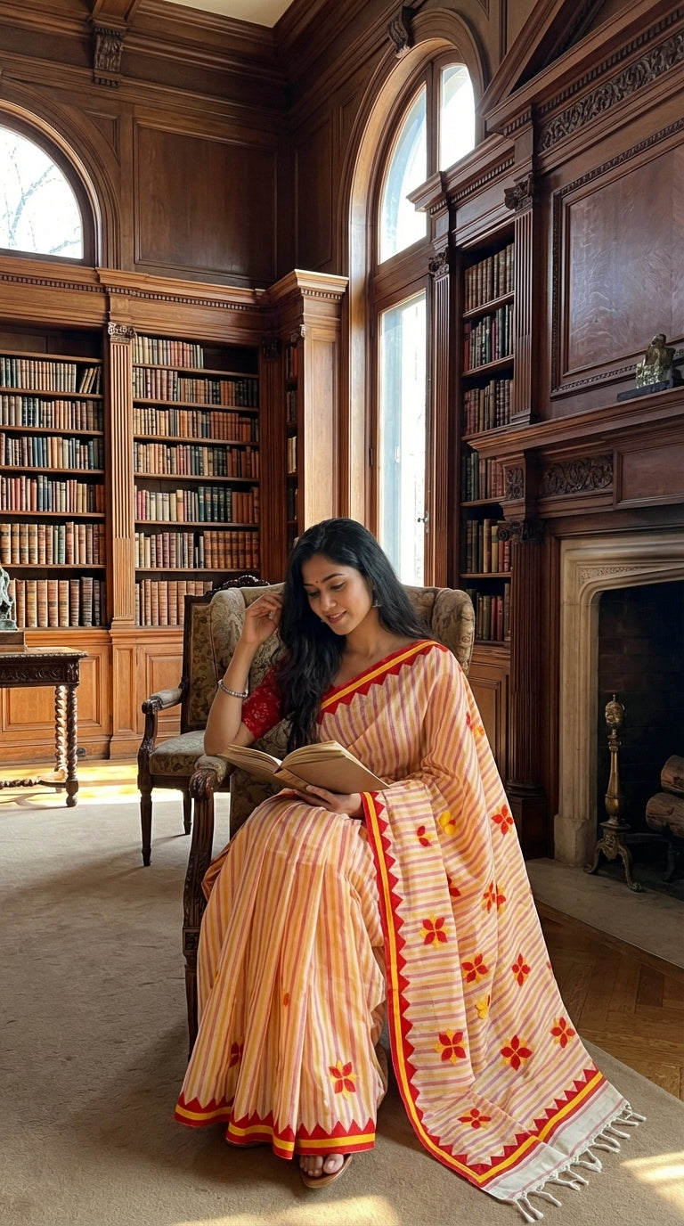 Woman in a peach-cotton-applique-striped-saree, reading a book in a library.