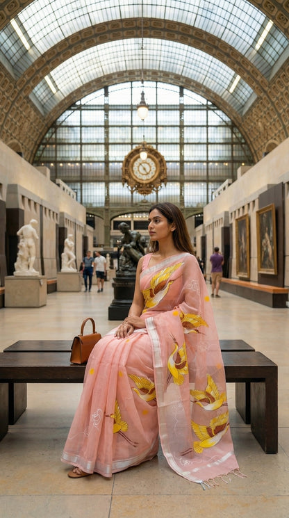 Woman in a peach-kota-doria-crane-saree, sitting in a museum with large stained glass windows.