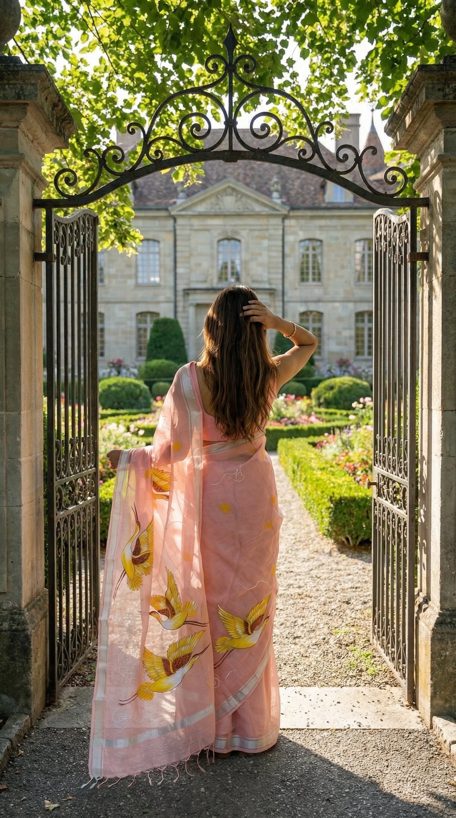 Woman in a peach-kota-doria-crane-saree, standing in a garden with a large building in the background.