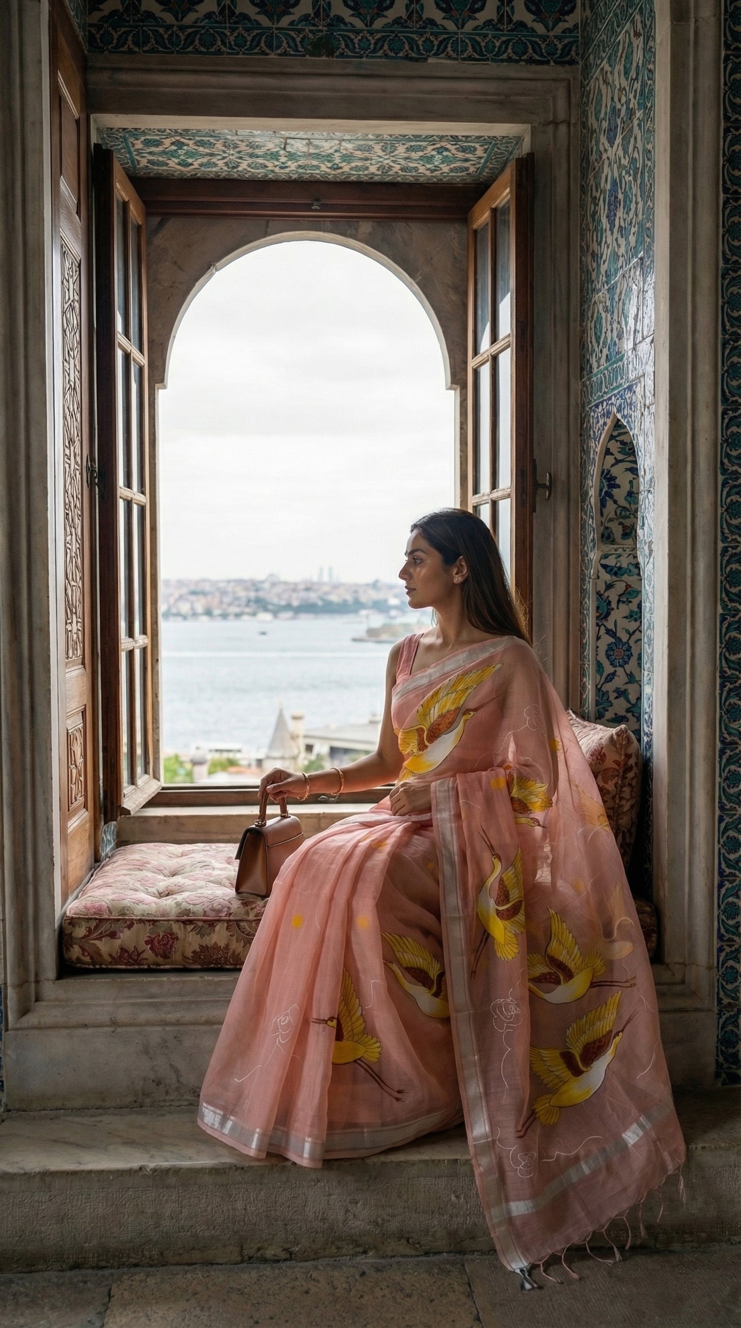 Woman in a peach-kota-doria-crane-saree, sitting by a window with a scenic view.