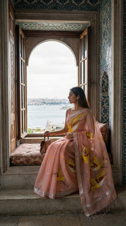 Woman in a peach-kota-doria-crane-saree, sitting by a window with a scenic view.