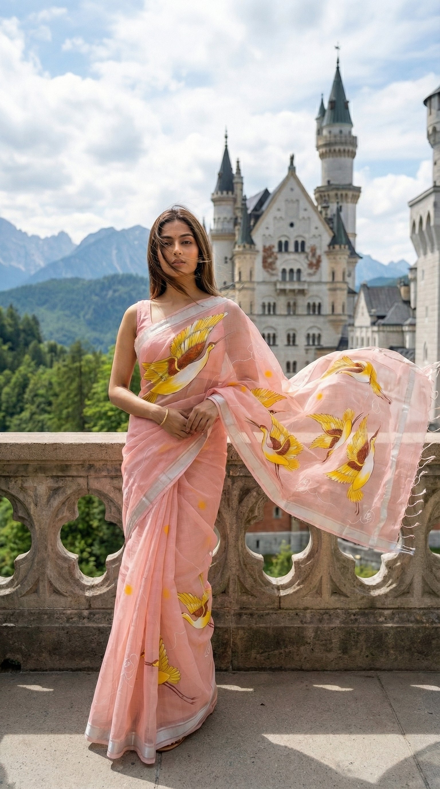 Woman in a peach-kota-doria-crane-saree, standing in front of Neuschwanstein Castle.