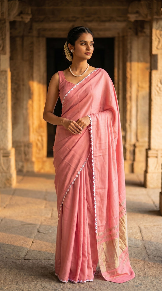 Woman in a pink saree standing in front of an ancient stone structure.