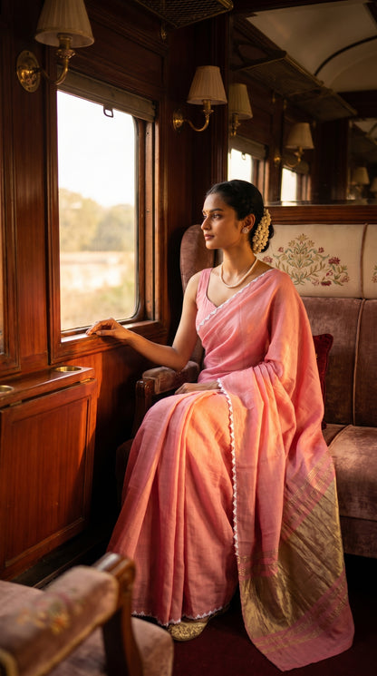 Woman in a pink saree sitting inside a train carriage with a scenic view outside.