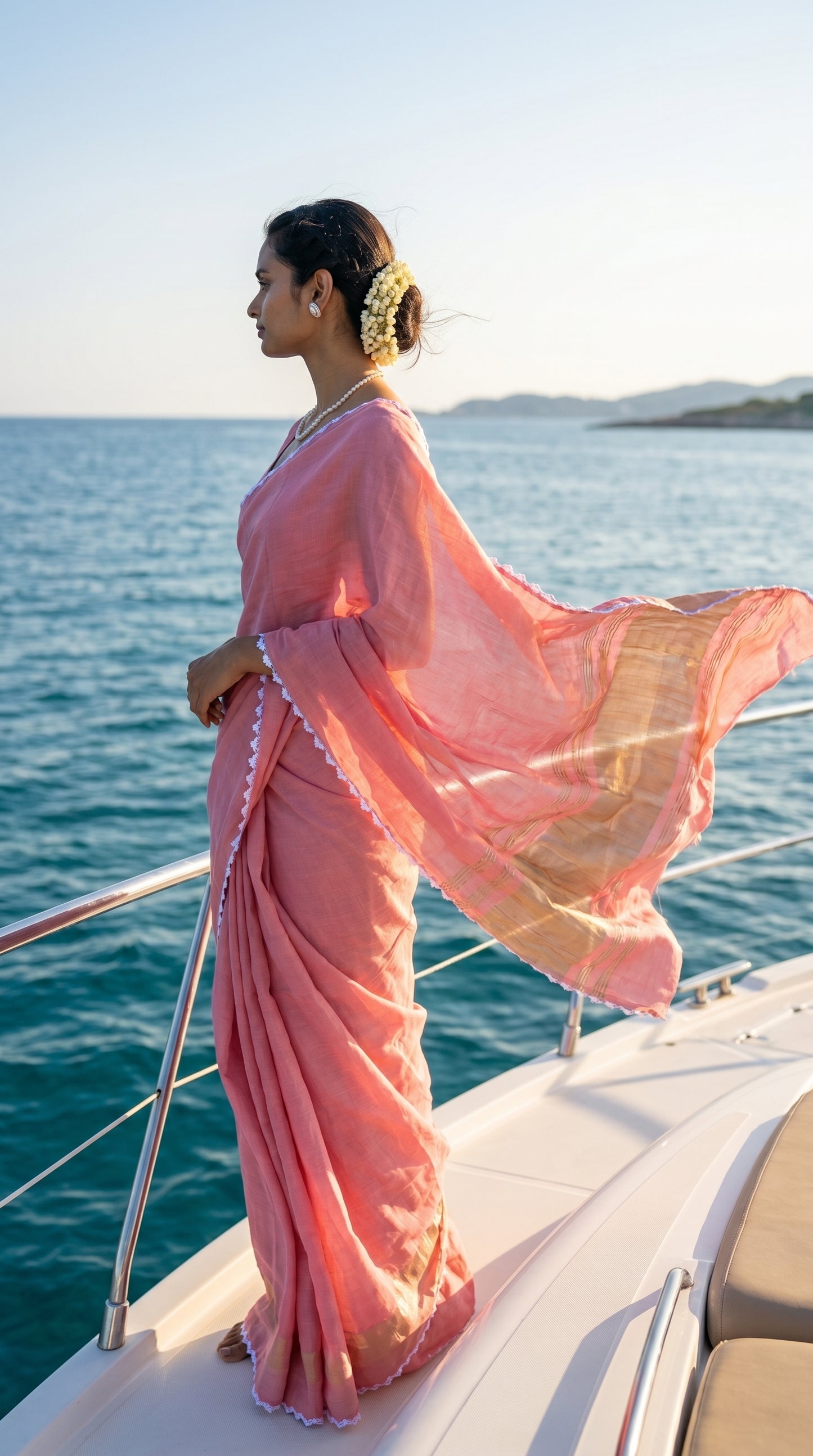 Woman in a pink saree standing on a boat with ocean and sky in the background