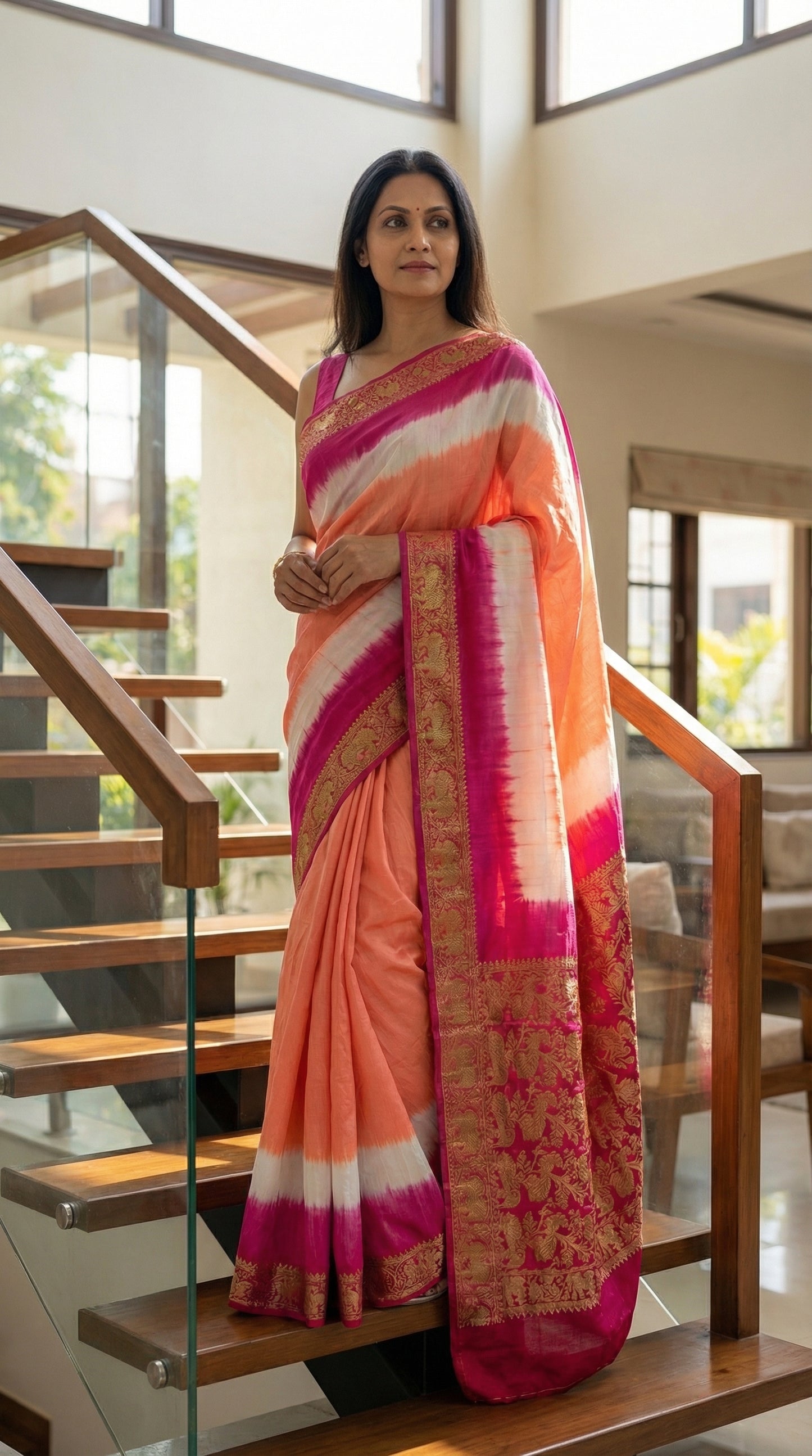 Woman in peach modal silk saree with pink Zari border and brocade pallu, standing on a staircase indoors.