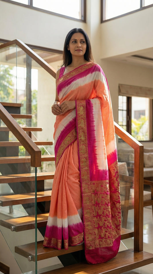 Woman in peach modal silk saree with pink Zari border and brocade pallu, standing on a staircase indoors.