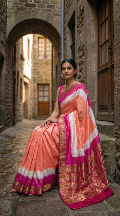 Woman in peach modal silk saree with pink Zari border and brocade pallu, standing in an alleyway with stone walls.